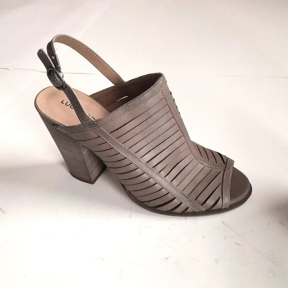 Lucky Brand Lialor Tan Leather Sandals Peep Toe Chunky Heels Women's Size 10M